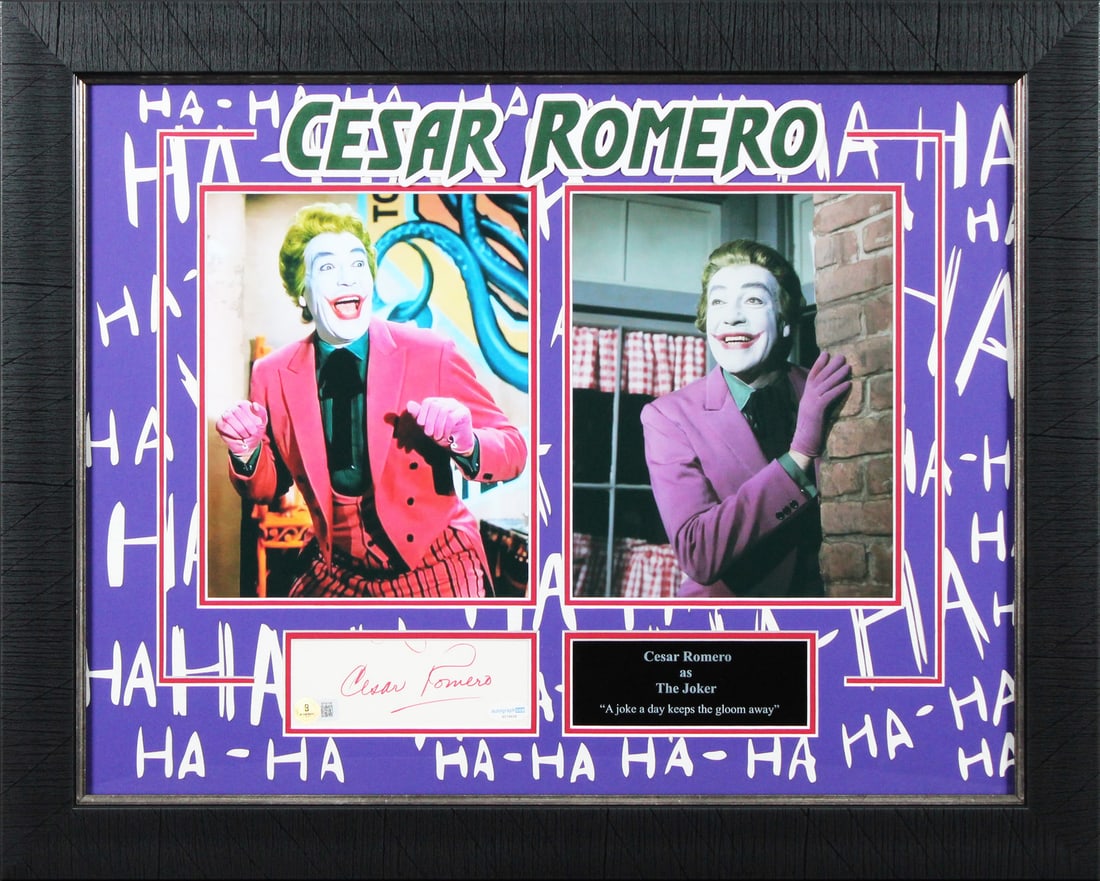 Cesar Romero Signed Batman Framed Cut Signature BAS Certified 20.5x25.5: Cesar Romero Signed Batman Framed Cut Signature BAS Certified 20.5x25.5 This authentic signed and framed cut signature features the legendary Cesar Romero, known for his iconic role in Batman. The ite