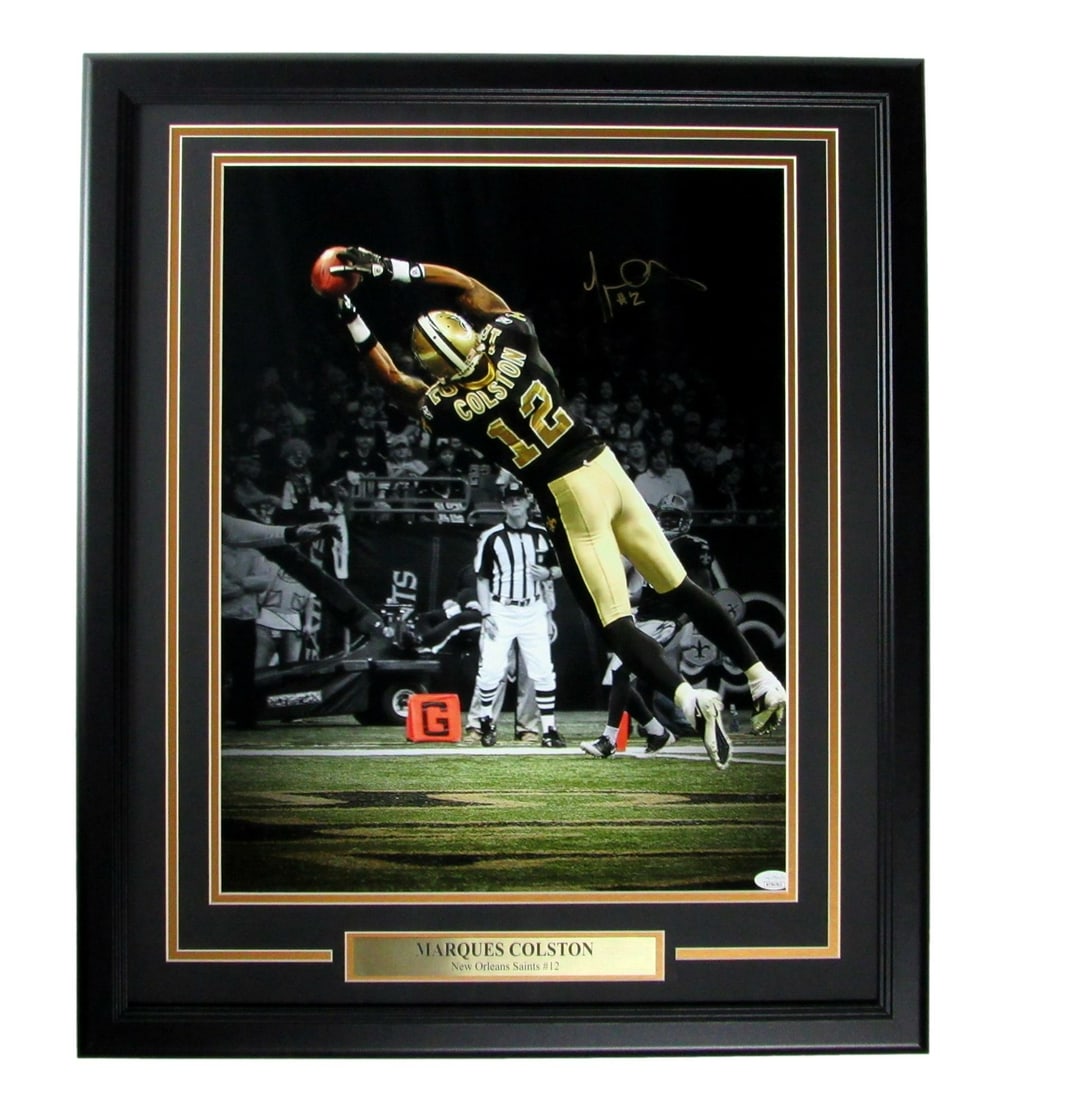Marques Colston Signed 16x20 Framed Photo New Orleans Saints JSA Authenticated: Marques Colston Signed 16x20 Framed Photo New Orleans Saints JSA Authenticated This exceptional piece features a signed 16x20 photo of Marques Colston, the prominent receiver of the New Orleans Saints