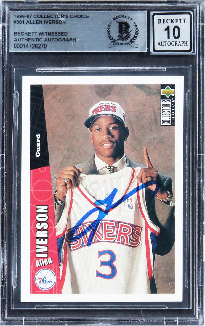 Allen Iverson Signed 1996 Collector's Choice Rookie Card Gem Mint 10 BAS Slabbed: Allen Iverson Signed 1996 Collector's Choice Rookie Card Gem Mint 10 BAS Slabbed This 1996 Collector's Choice #301 Rookie Card features a Gem Mint 10 grade and has been personally signed by basketball