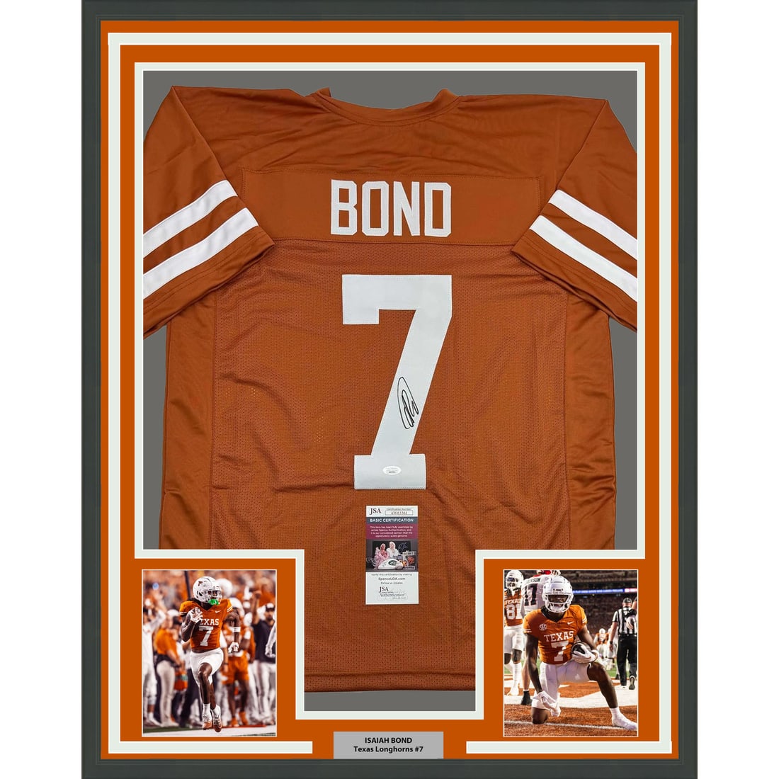 Framed Autographed Isaiah Bond Texas Longhorns Jersey with JSA COA 35x39: Framed Autographed Isaiah Bond Texas Longhorns Jersey with JSA COA 35x39 Celebrate your love for college football with this professionally framed and signed Isaiah Bond Texas Longhorns jersey. Measuri