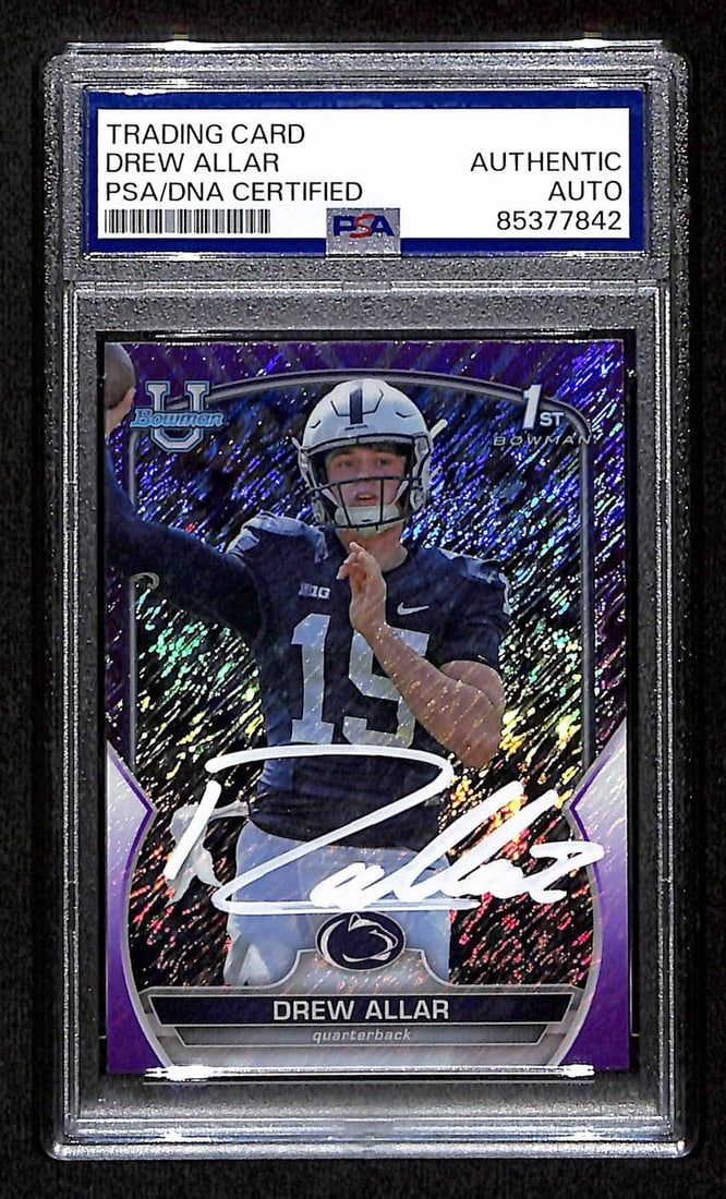 Drew Allar Signed 2022 Bowman U Purple RC Card #59 PSA/DNA: Drew Allar Signed 2022 Bowman U Purple RC Card #59 PSA/DNA Offered is a Drew Allar autographed 2022 Bowman U Purple Refractor Rookie Card #59 from Penn State. This original card is authenticated by PS