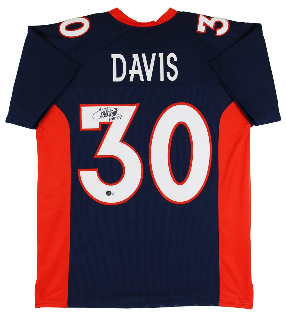Terrell Davis Signed HOF 17 Navy Blue Jersey Denver Broncos BAS: Terrell Davis Signed HOF 17 Navy Blue Jersey Denver Broncos BAS Celebrate the legacy of Terrell Davis with this authentic autographed Navy Blue Pro Style Jersey, featuring the inscription "HOF 17". Pe