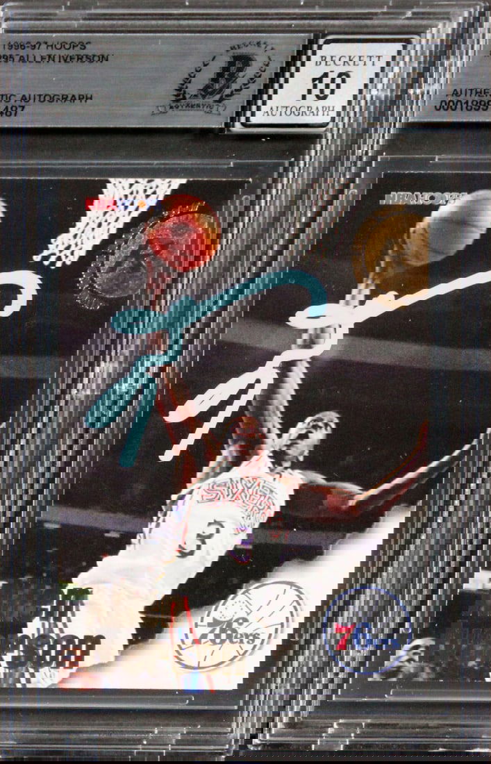 Allen Iverson Signed 1996 Hoops Rookie Card Gem Mint 10 BAS: Allen Iverson Signed 1996 Hoops Rookie Card Gem Mint 10 BAS Celebrate the legacy of basketball legend Allen Iverson with this 1996 Hoops #295 Rookie Card, personally signed by the Hall of Famer. Grade