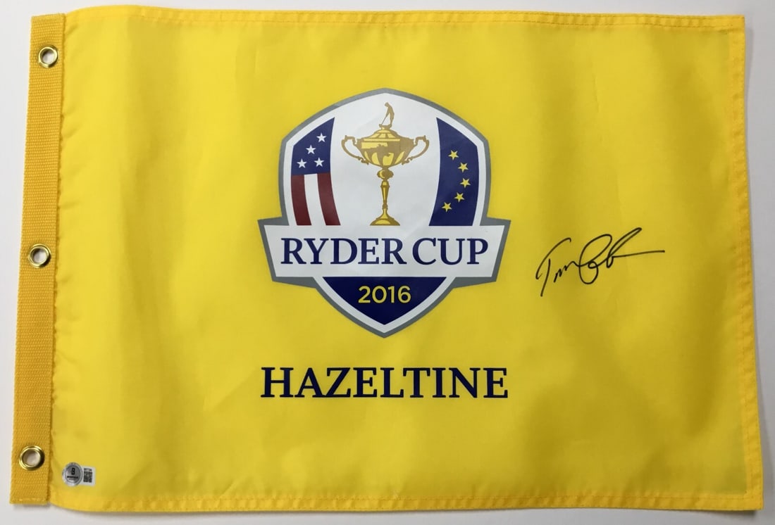 Tom Lehman Signed 2016 Ryder Cup Flag Beckett Authenticated BR77384: Tom Lehman Signed 2016 Ryder Cup Flag Beckett Authenticated BR77384 This is an official 2016 Ryder Cup Hazeltine pin flag, signed by PGA star Tom Lehman. The signature is authenticated by Beckett Auth