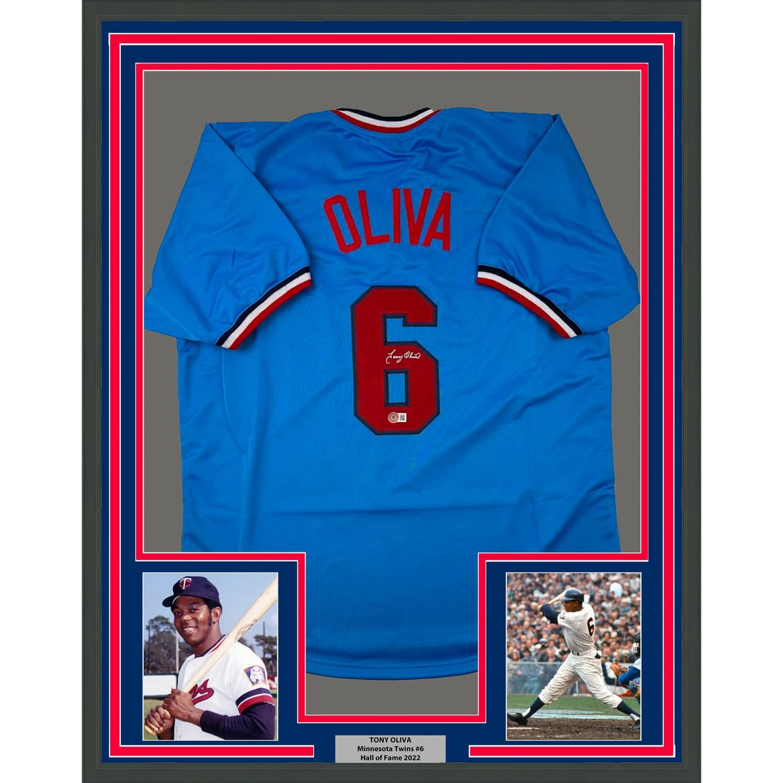 Framed Signed Tony Oliva Minnesota Twins Jersey with BAS COA: Framed Signed Tony Oliva Minnesota Twins Jersey with BAS COA This professionally framed and matted collectible features an autographed light blue jersey of Tony Oliva, a celebrated player for the Minn