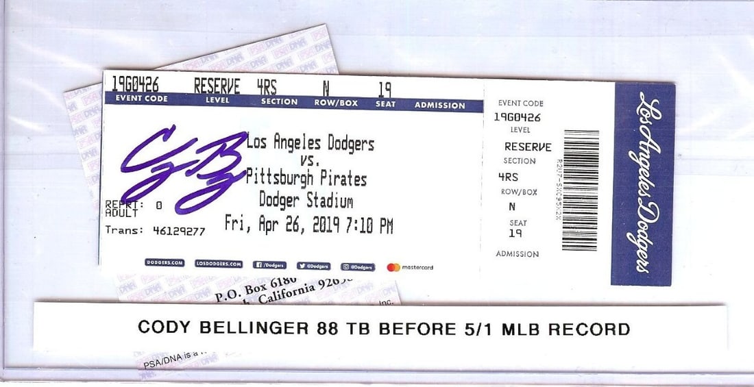 Cody Bellinger Signed Ticket Stub 88 TB PSA Authenticated Dodgers: Cody Bellinger Signed Ticket Stub 88 TB PSA Authenticated Dodgers This is an original signed ticket stub from Cody Bellinger, a standout player for the Los Angeles Dodgers. The autograph has been auth
