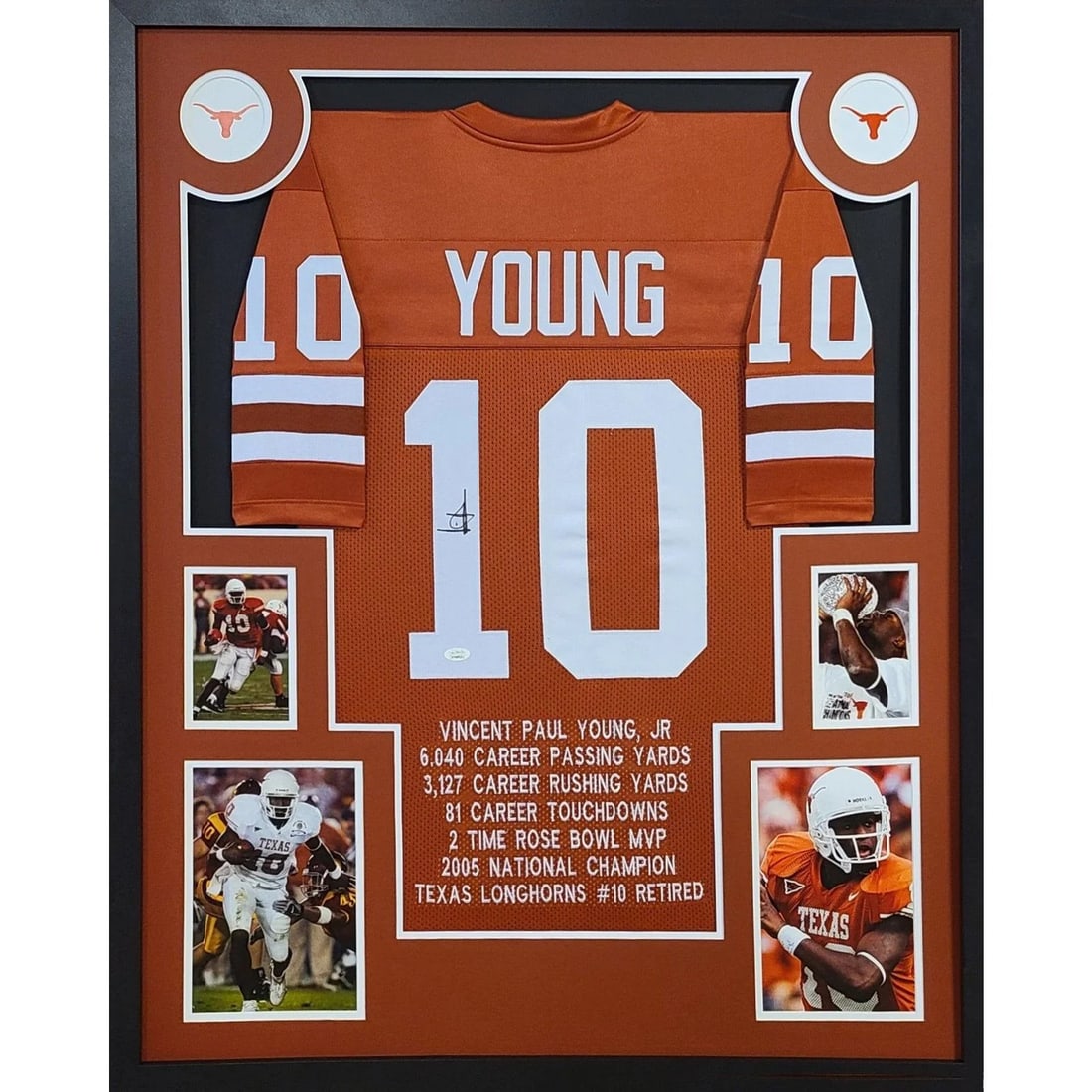 Framed Texas Longhorns Jersey Signed by Vince Young with JSA Authentication: Framed Texas Longhorns Jersey Signed by Vince Young with JSA Authentication This framed Texas Longhorns jersey is autographed by Vince Young and includes authentication by JSA with a tamper-proof stic