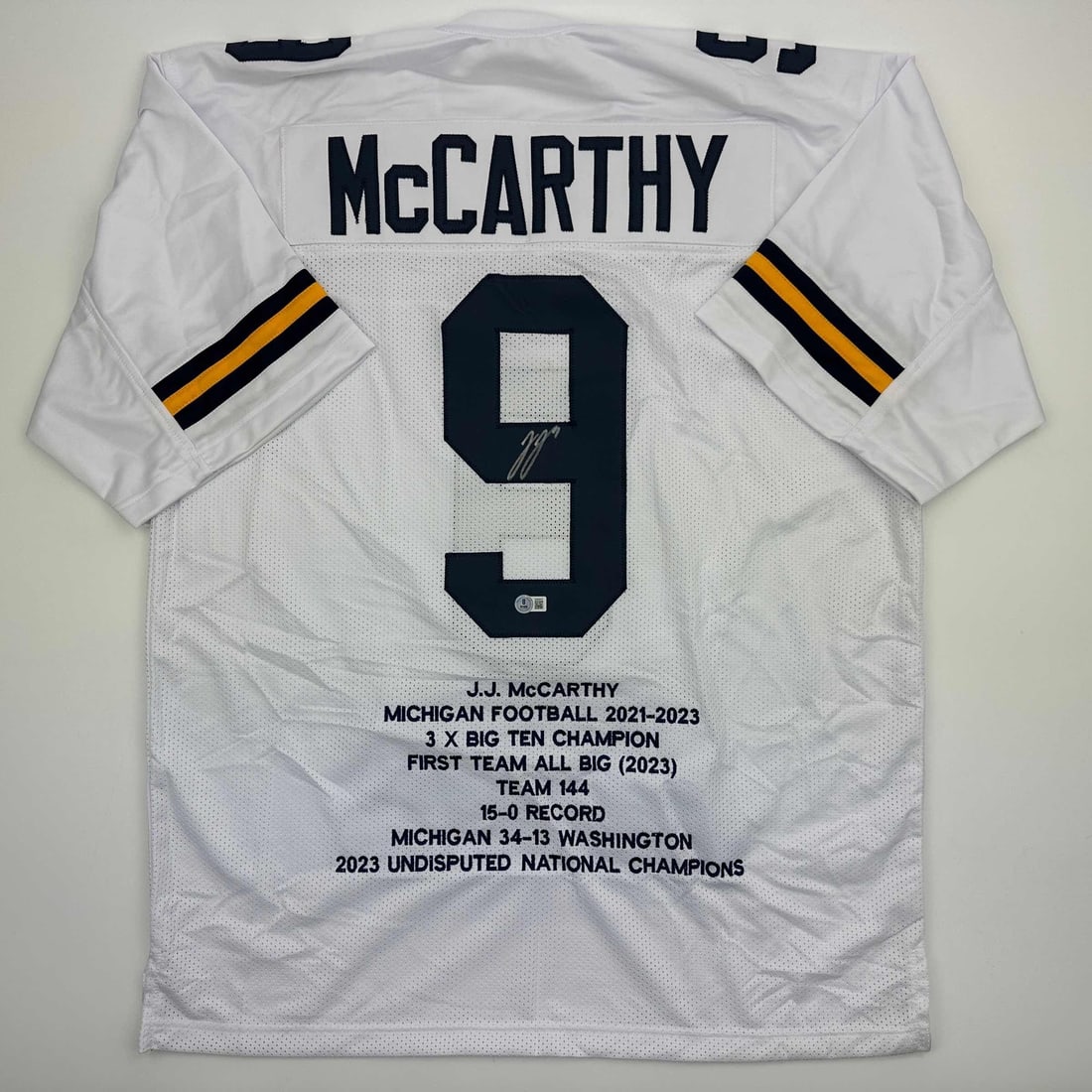 J.J. McCarthy Signed Michigan White Stat Jersey Beckett Authenticated (1 of 4)