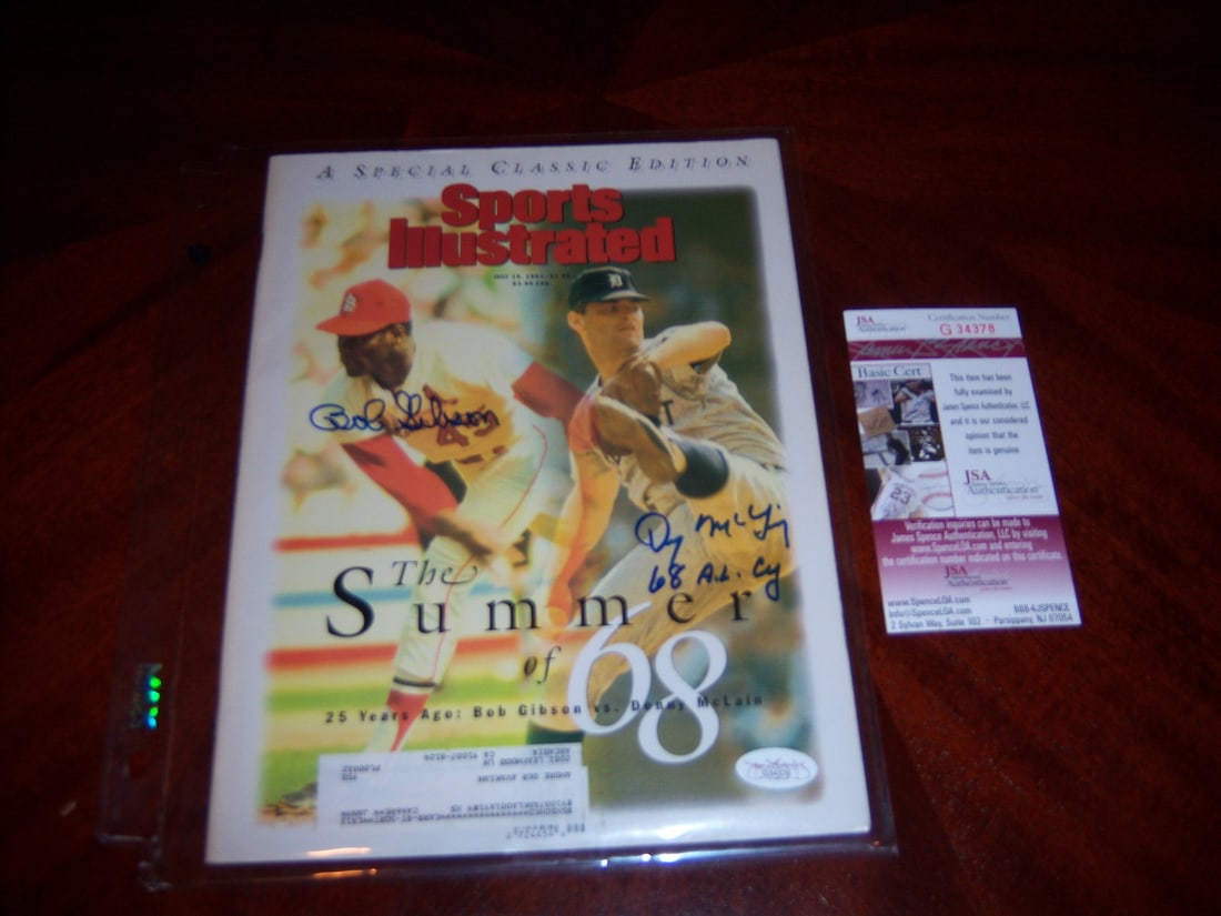 Bob Gibson Denny McLain Signed Sports Illustrated Magazine: Bob Gibson Denny McLain Signed Sports Illustrated Magazine This is an original Sports Illustrated magazine featuring the legendary baseball players Bob Gibson and Denny McLain, both of whom have signe