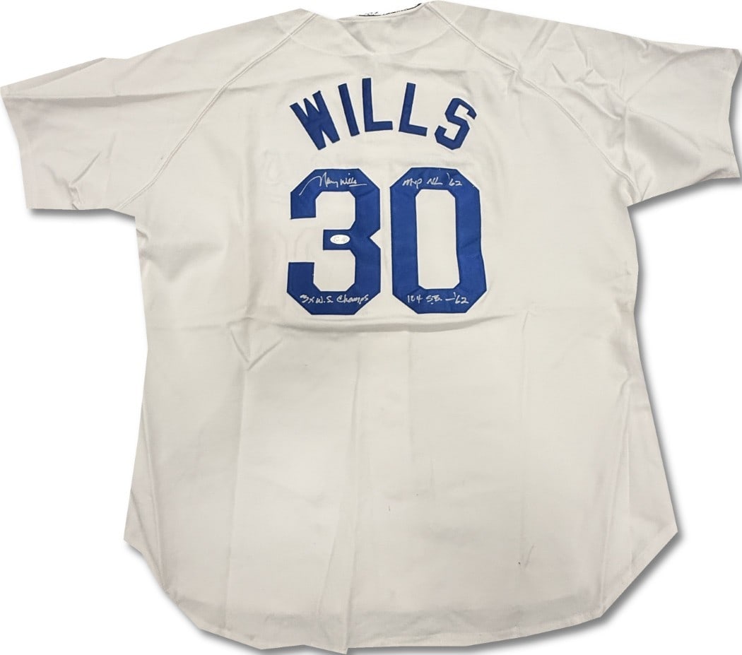 Maury Wills Signed Authentic Dodgers Jersey JSA Certified 3X WS Champ MVP 62: Maury Wills Signed Authentic Dodgers Jersey JSA Certified 3X WS Champ MVP 62 Celebrate the legacy of Maury Wills with this authentic Los Angeles Dodgers jersey, featuring his signature. This jersey is