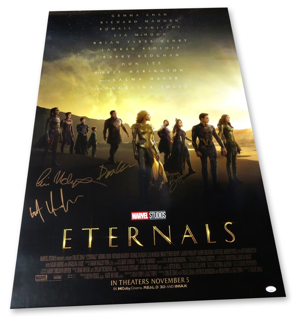 Eternals Multi Signed 27x40 Poster JSA Authenticated Harrington Lee McHugh: Eternals Multi Signed 27x40 Poster JSA Authenticated Harrington Lee McHugh This original Eternals poster measures 27" x 40" and features signatures from stars Kit Harrington, Don Lee, Lia McHugh, and