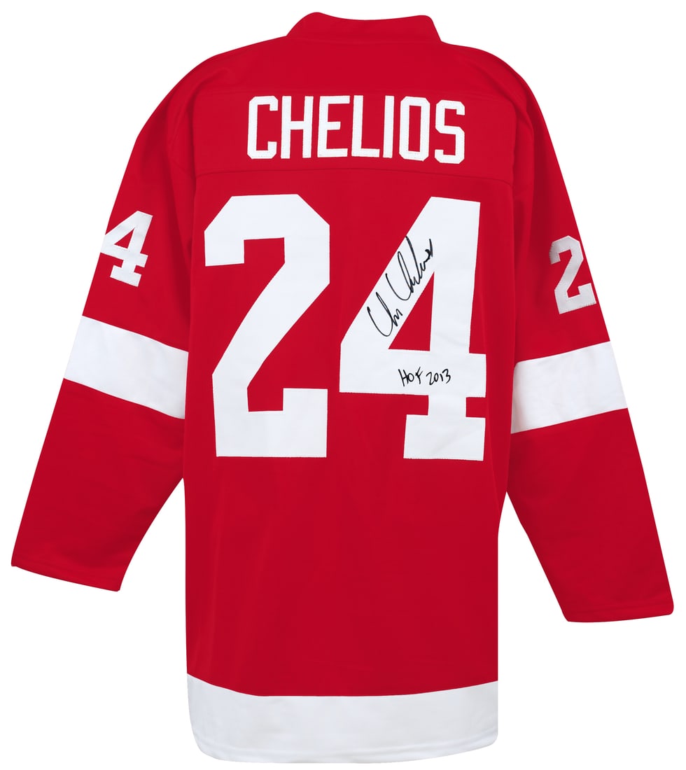 Chris Chelios Signed Red Custom Jersey HOF 2013 Detroit Red Wings: Chris Chelios Signed Red Custom Jersey HOF 2013 Detroit Red Wings This is a Chris Chelios signed red custom hockey jersey featuring the inscription 'HOF 2013'. The jersey is an original piece affiliat