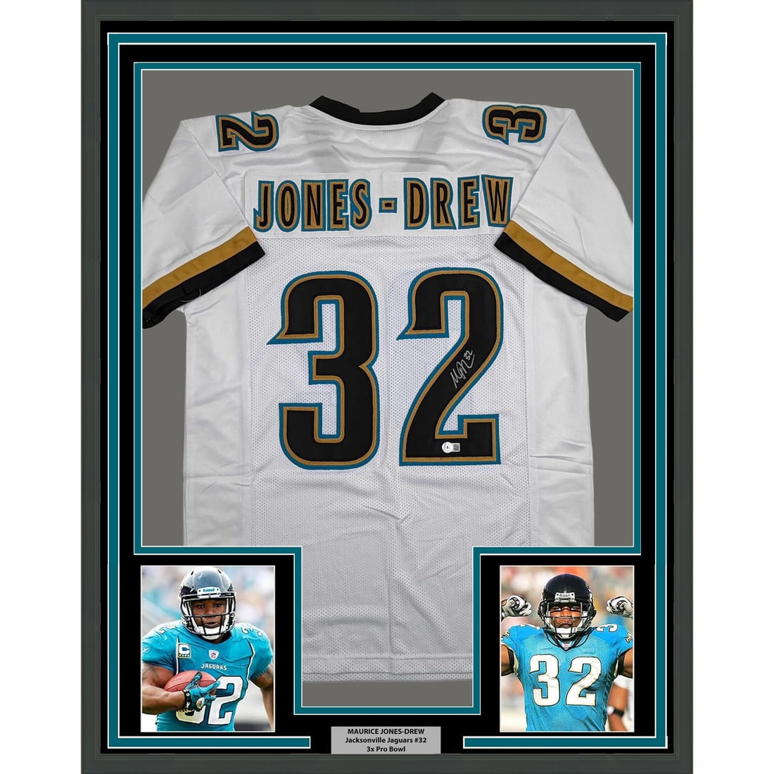 Maurice Jones-Drew Signed Jacksonville Jersey 35x39 Framed with Photos BAS COA: Maurice Jones-Drew Signed Jacksonville Jersey 35x39 Framed with Photos BAS COA This framed Jacksonville Jaguars jersey features the authentic signature of Maurice Jones-Drew. The jersey is professiona