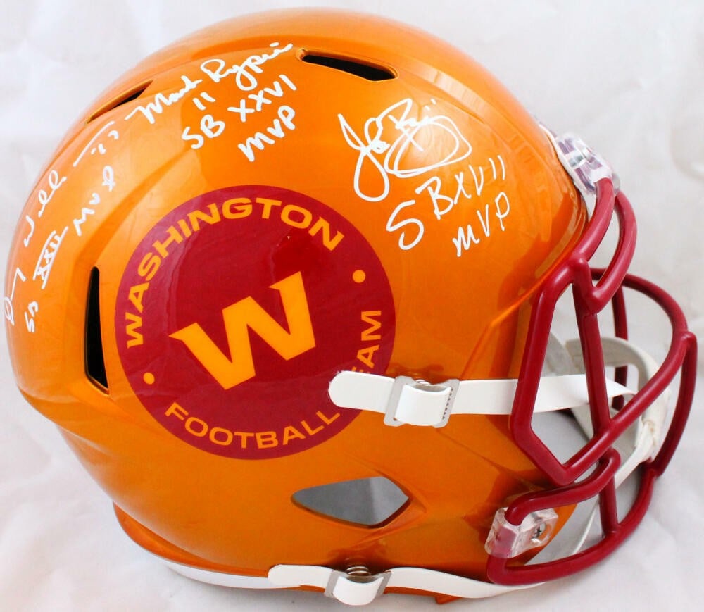Williams Rypien Riggins Signed WFT Flash Speed Helmet Beckett Authenticated: Williams Rypien Riggins Signed WFT Flash Speed Helmet Beckett Authenticated This authentic Washington Football Team full-size Flash Speed helmet features the signatures of legendary players Doug Willi