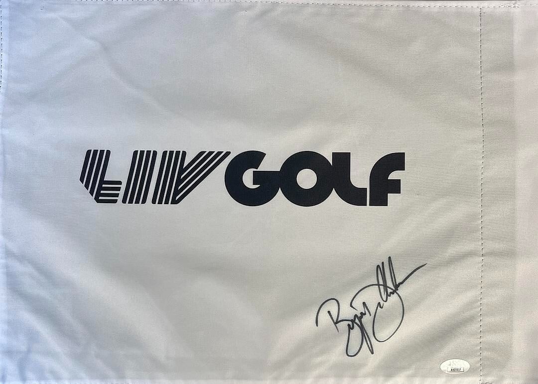 Bryson DeChambeau Signed LIV Golf Flag JSA Authenticated: Bryson DeChambeau Signed LIV Golf Flag JSA Authenticated This is an official LIV Golf pin flag signed by PGA/LIV star Bryson DeChambeau. The autograph is authenticated by James Spence Authentication (