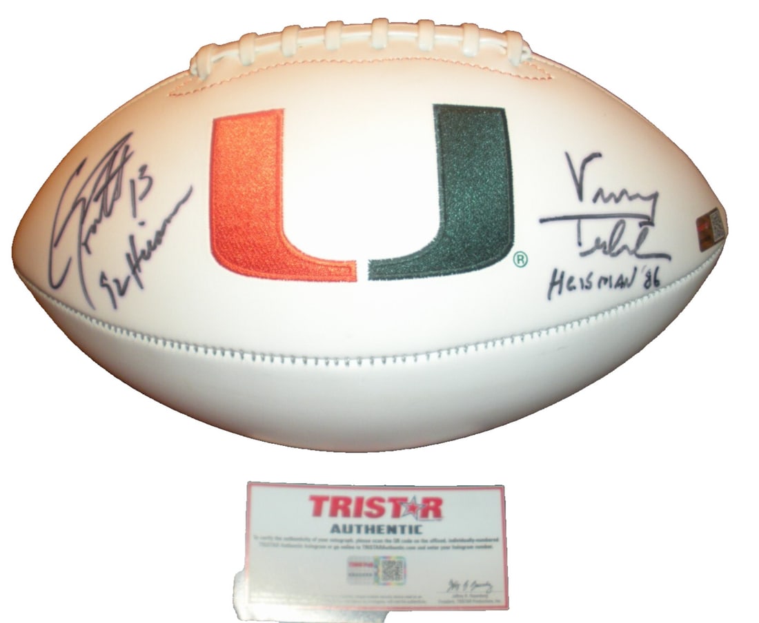 Vinny Testaverde Gino Torretta Signed Miami Hurricanes Football: Vinny Testaverde Gino Torretta Signed Miami Hurricanes Football This is a pre-owned football signed by Vinny Testaverde and Gino Torretta, both notable players from the Miami Hurricanes. The ball is a