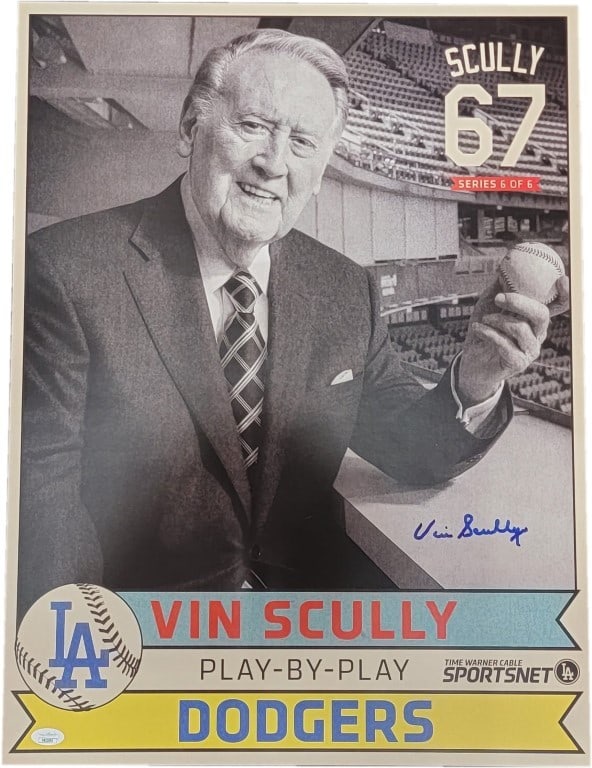 Vin Scully Autographed 20x24 Poster JSA Certified Dodgers 1979: Vin Scully Autographed 20x24 Poster JSA Certified Dodgers 1979 This stunning 20x24 lithograph poster features the beautiful signature of Vin Scully, the legendary broadcaster of the Los Angeles Dodger