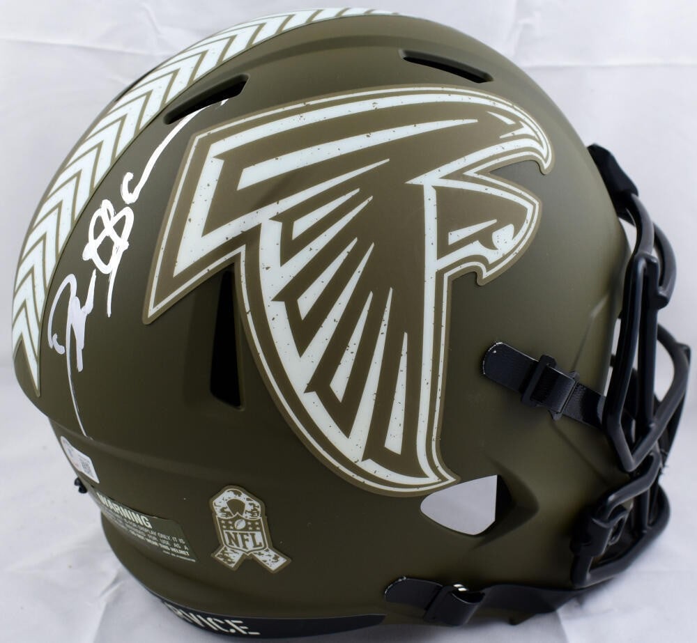 Deion Sanders Signed Atlanta Falcons Speed Helmet Beckett Authenticated: Deion Sanders Signed Atlanta Falcons Speed Helmet Beckett Authenticated This is an original Deion Sanders signed full-size Salute to Service speed helmet, featuring the Atlanta Falcons team colors. Th