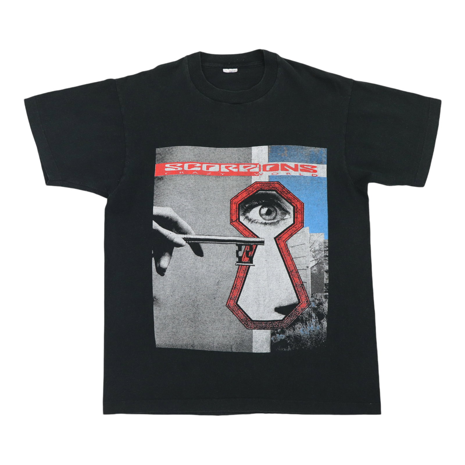 Vintage 1990 Scorpions Crazy World Tour Black Poly Cotton Band Shirt: Vintage 1990 Scorpions Crazy World Tour Black Poly Cotton Band Shirt This is an original vintage 1990 Scorpions Crazy World Tour shirt featuring front and back graphics. The shirt is made from a 50/50