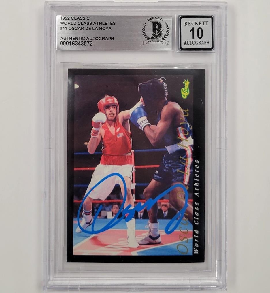 Oscar De La Hoya 1992 Rookie Card BAS 10 Signed Boxing: Oscar De La Hoya 1992 Rookie Card BAS 10 Signed Boxing This is a 1992 Classic World Class Athletes rookie card featuring Oscar De La Hoya, graded a perfect 10 by Beckett. This autographed card showcas