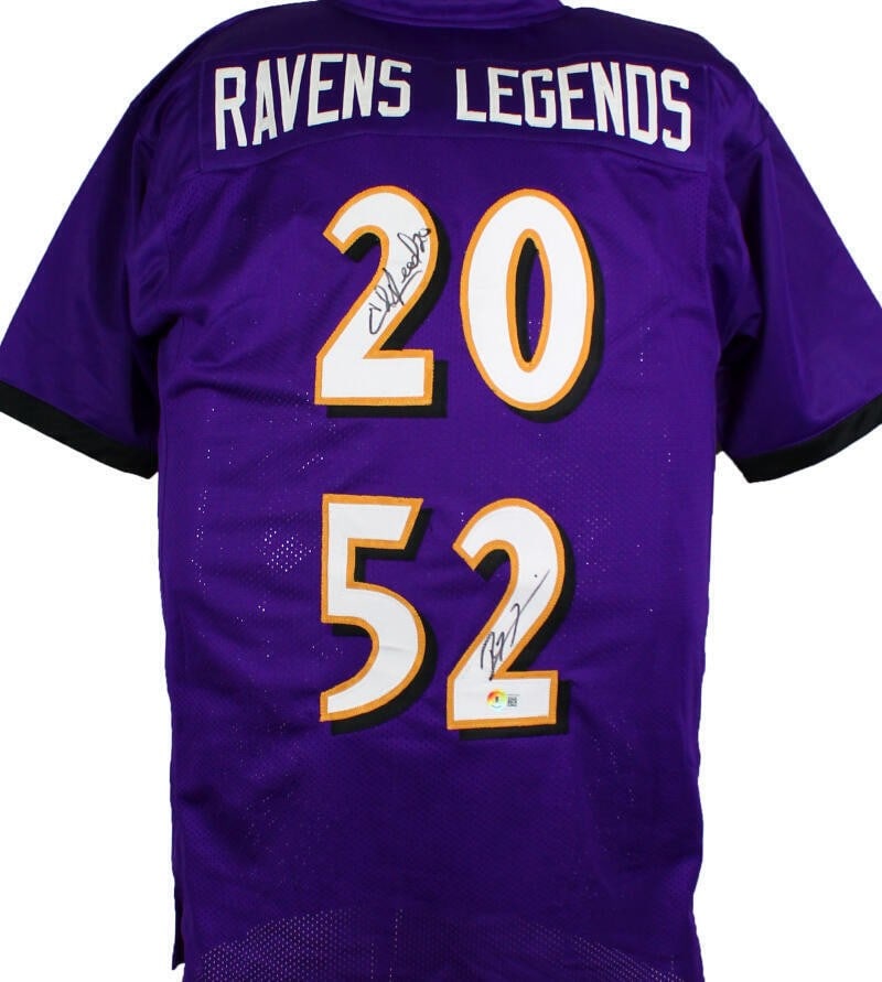 Ray Lewis Ed Reed Signed Purple Pro Style Jersey Beckett Authenticated: Ray Lewis Ed Reed Signed Purple Pro Style Jersey Beckett Authenticated This is an original purple pro style jersey featuring the signatures of NFL legends Ray Lewis and Ed Reed, authenticated by Becke