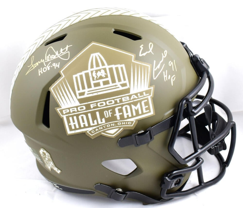 Earl Campbell Tony Dorsett Signed Salute to Service Helmet Beckett Authenticated: Earl Campbell Tony Dorsett Signed Salute to Service Helmet Beckett Authenticated This authentic full-size helmet pays tribute to the Salute to Service initiative and features the autographs of footbal