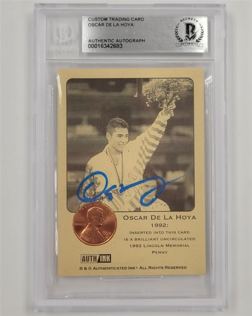 Oscar De La Hoya Signed 2013 Ink Penny Card Beckett 10 Authenticated: Oscar De La Hoya Signed 2013 Ink Penny Card Beckett 10 Authenticated This is a graded boxing card featuring the legendary Oscar De La Hoya, signed with authenticity guaranteed by Beckett Authenticatio