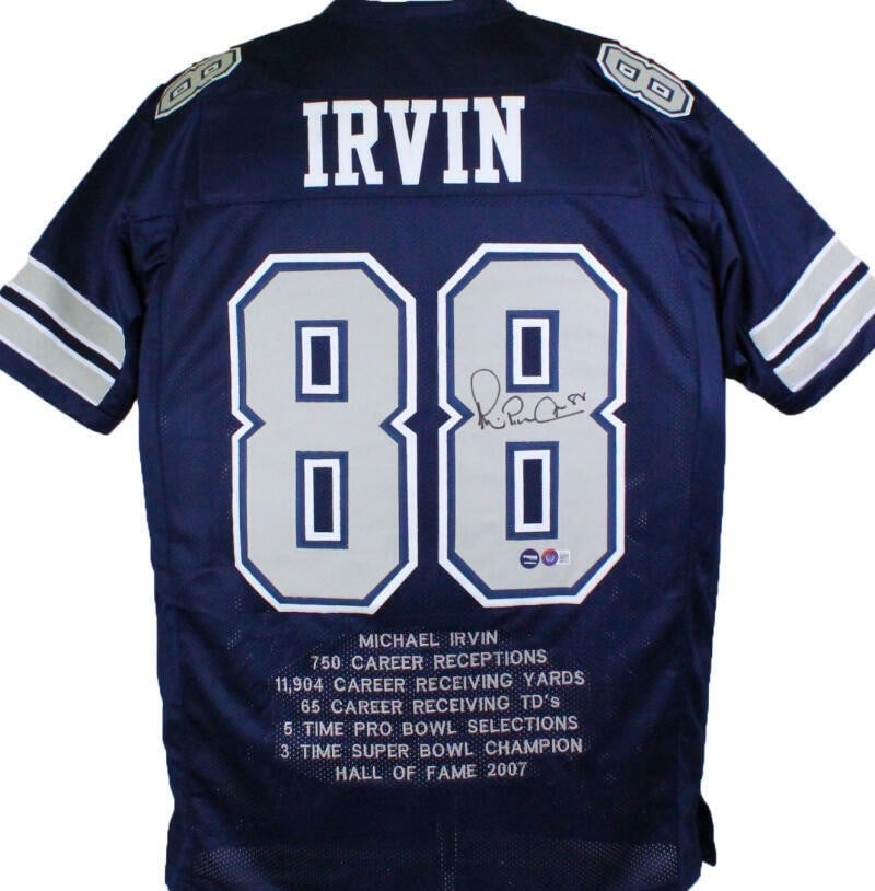Michael Irvin Autographed Blue Pro Style Jersey Dallas Cowboys Beckett Certified: Michael Irvin Autographed Blue Pro Style Jersey Dallas Cowboys Beckett Certified Celebrate the legacy of Michael Irvin with this autographed blue pro-style STAT jersey. A perfect collectible for any f