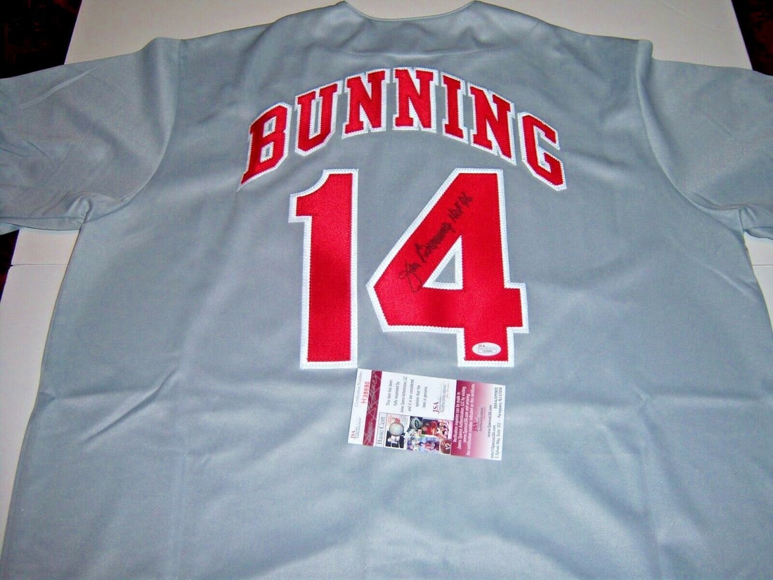 Jim Bunning Signed Philadelphia Phillies Majestic Jersey with JSA COA: Jim Bunning Signed Philadelphia Phillies Majestic Jersey with JSA COA This officially licensed Majestic jersey features the signature of Jim Bunning, a prominent figure in Philadelphia Phillies histor