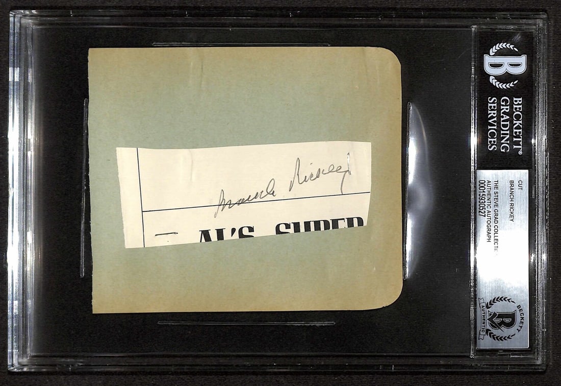 Branch Rickey Autographed Cut Beckett Authenticated Baseball HOF: Branch Rickey Autographed Cut Beckett Authenticated Baseball HOF This autographed cut features the signature of Branch Rickey, a legendary executive of the Brooklyn Dodgers and Baseball Hall of Fame i