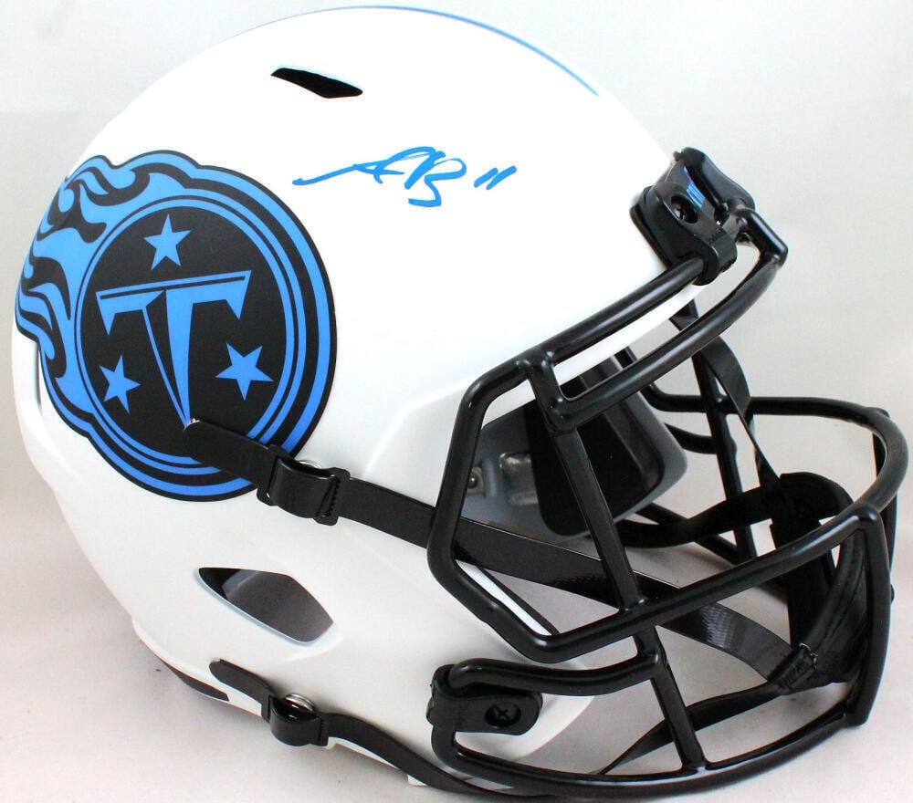 AJ Brown Signed Tennessee Titans Lunar Speed Helmet Beckett Authenticated LT Blue: AJ Brown Signed Tennessee Titans Lunar Speed Helmet Beckett Authenticated LT Blue This item features an authentic Tennessee Titans Lunar Speed full-size helmet autographed by player AJ Brown. The helm