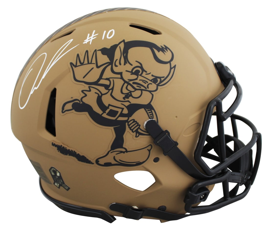 Cleveland Browns Quinshon Judkins Signed Salute to Service II Helmet BAS Authenticated: Cleveland Browns Quinshon Judkins Signed Salute to Service II Helmet BAS Authenticated This official Cleveland Browns Salute To Service II Riddell Authentic Full Size Speed Proline Helmet has been per