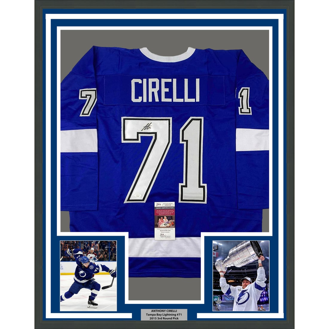 Framed Autographed Anthony Cirelli Tampa Bay Jersey with JSA COA: Framed Autographed Anthony Cirelli Tampa Bay Jersey with JSA COA Celebrate your love for hockey with this professionally framed and autographed Anthony Cirelli jersey from the Tampa Bay Lightning. Thi