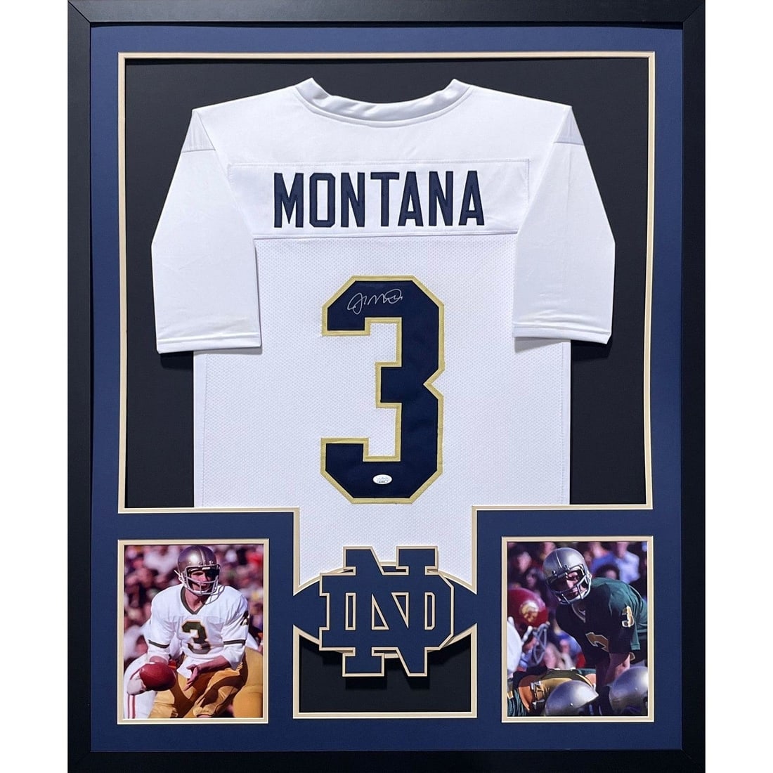 Joe Montana Signed Framed Jersey JSA Certified Notre Dame 42x34: Joe Montana Signed Framed Jersey JSA Certified Notre Dame 42x34 Celebrate the legacy of football legend Joe Montana with this beautifully framed autographed white jersey from his Notre Dame days. The