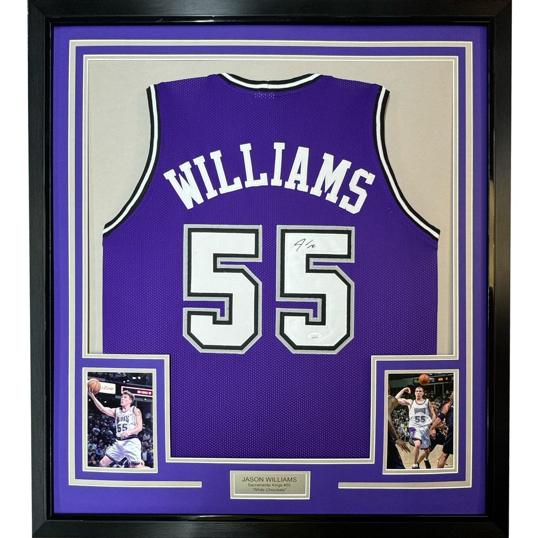 Framed Autographed Jason Williams Sacramento Kings Jersey with PSA COA: Framed Autographed Jason Williams Sacramento Kings Jersey with PSA COA Celebrate the legacy of Jason Williams with this stunning framed autographed Sacramento Kings purple jersey. This piece features
