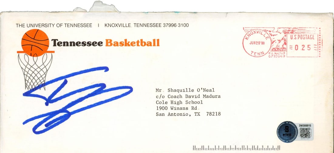 Shaquille O'Neal Signed University of Tennessee Recruitment Envelope BAS Authenticated: Shaquille O'Neal Signed University of Tennessee Recruitment Envelope BAS Authenticated This original 1988 University of Tennessee recruitment envelope has been personally signed by NBA legend Shaquill
