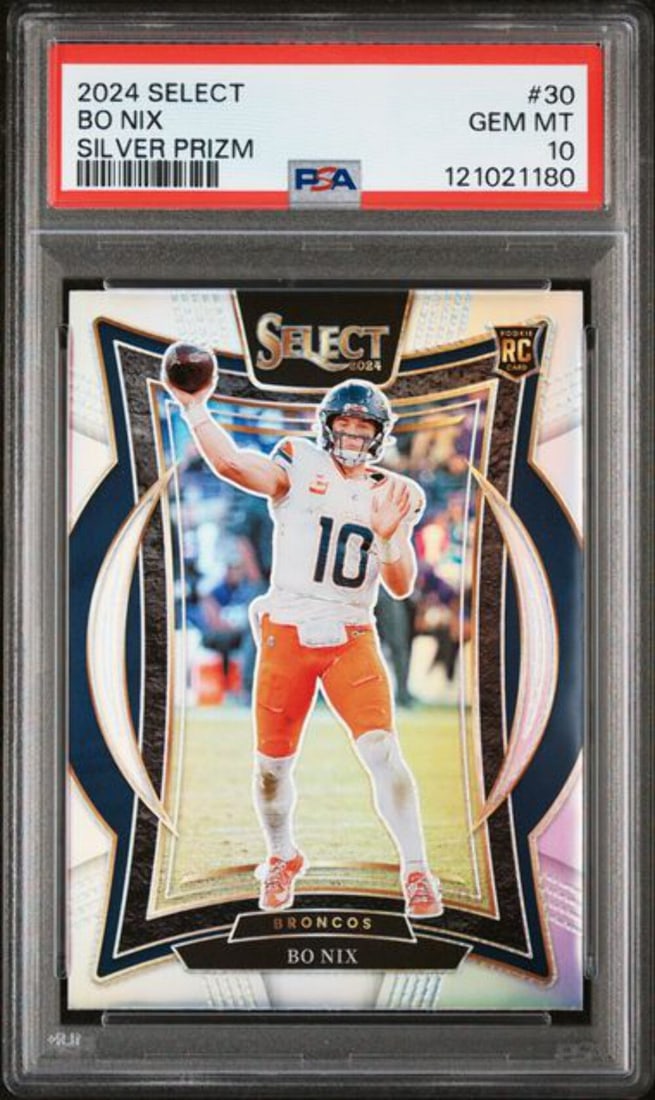 PSA 10 2024 Select Bo Nix Silver Prizm Rookie Card Gem Mint: PSA 10 2024 Select Bo Nix Silver Prizm Rookie Card Gem Mint This is an original 2024 Panini Select Bo Nix #30 Silver Prizm Rookie RC Card, graded PSA 10 Gem Mint. The card features Bo Nix of the Denve