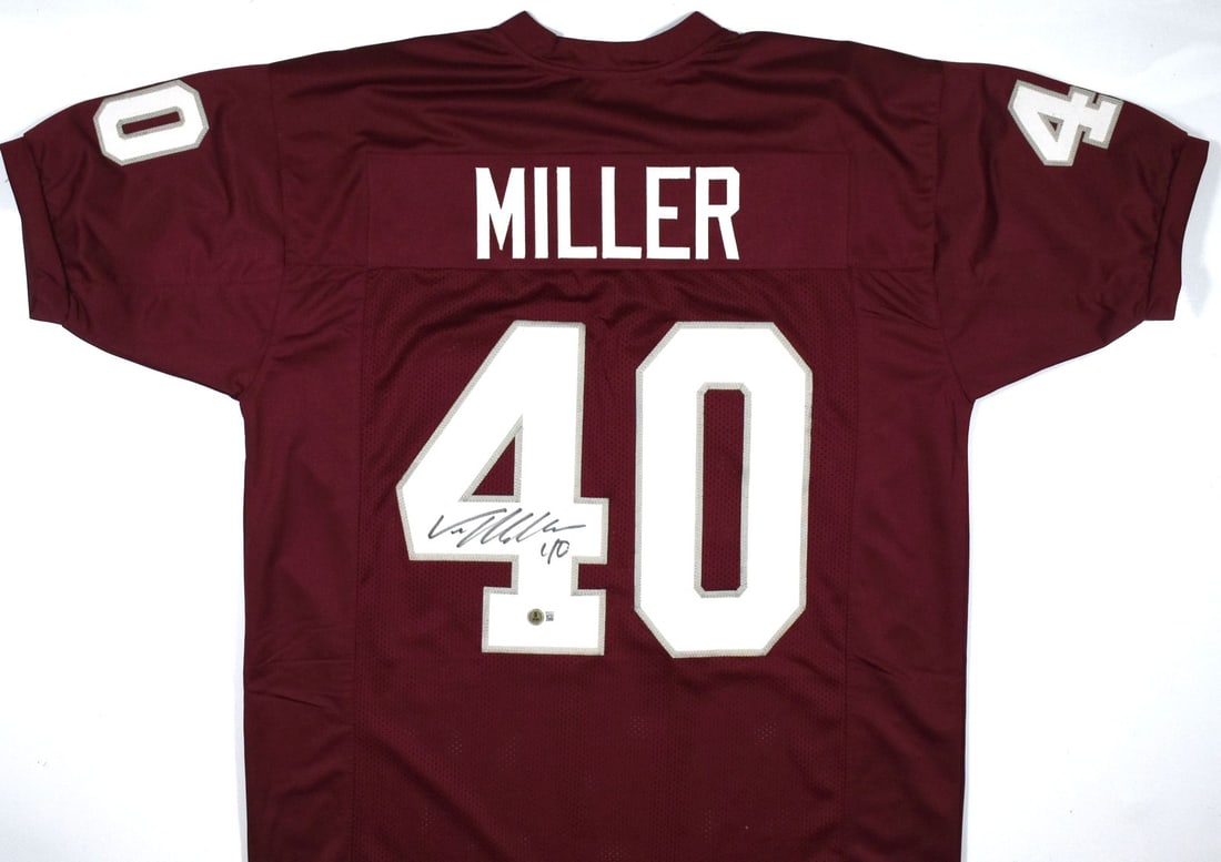 Von Miller Signed Maroon College Jersey Texas A&M Beckett Authenticated: Von Miller Signed Maroon College Jersey Texas A&M Beckett Authenticated This is an original maroon college-style jersey autographed by NFL star Von Miller. The jersey represents the Texas A&M Aggies a