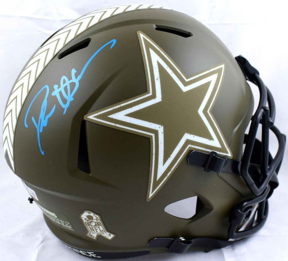 Deion Sanders Autographed Dallas Cowboys Salute to Service Helmet Beckett Certified: Deion Sanders Autographed Dallas Cowboys Salute to Service Helmet Beckett Certified This is an original Deion Sanders signed full-size Salute to Service speed helmet. The helmet is authenticated by Be