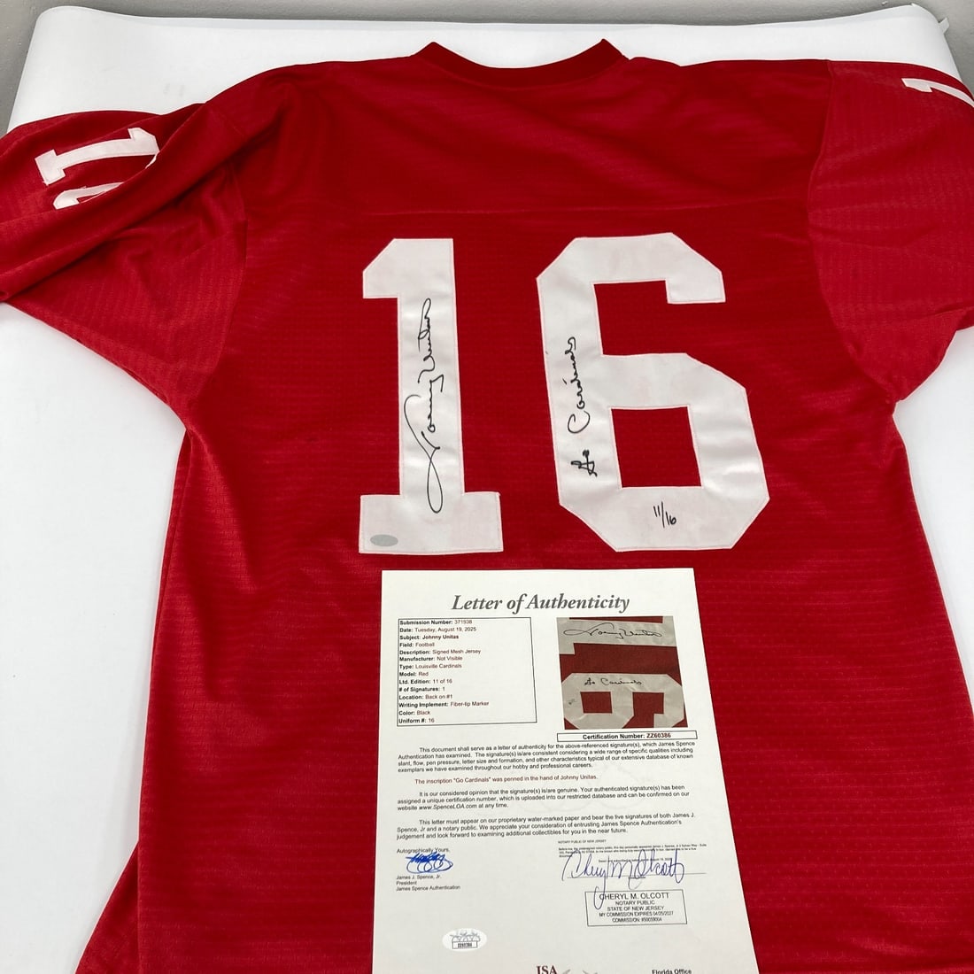 Johnny Unitas Signed Louisville Cardinals Jersey JSA Authenticated 11/16: Johnny Unitas Signed Louisville Cardinals Jersey JSA Authenticated 11/16 Celebrate the legacy of football legend Johnny Unitas with this original Louisville Cardinals college jersey. This remarkable p