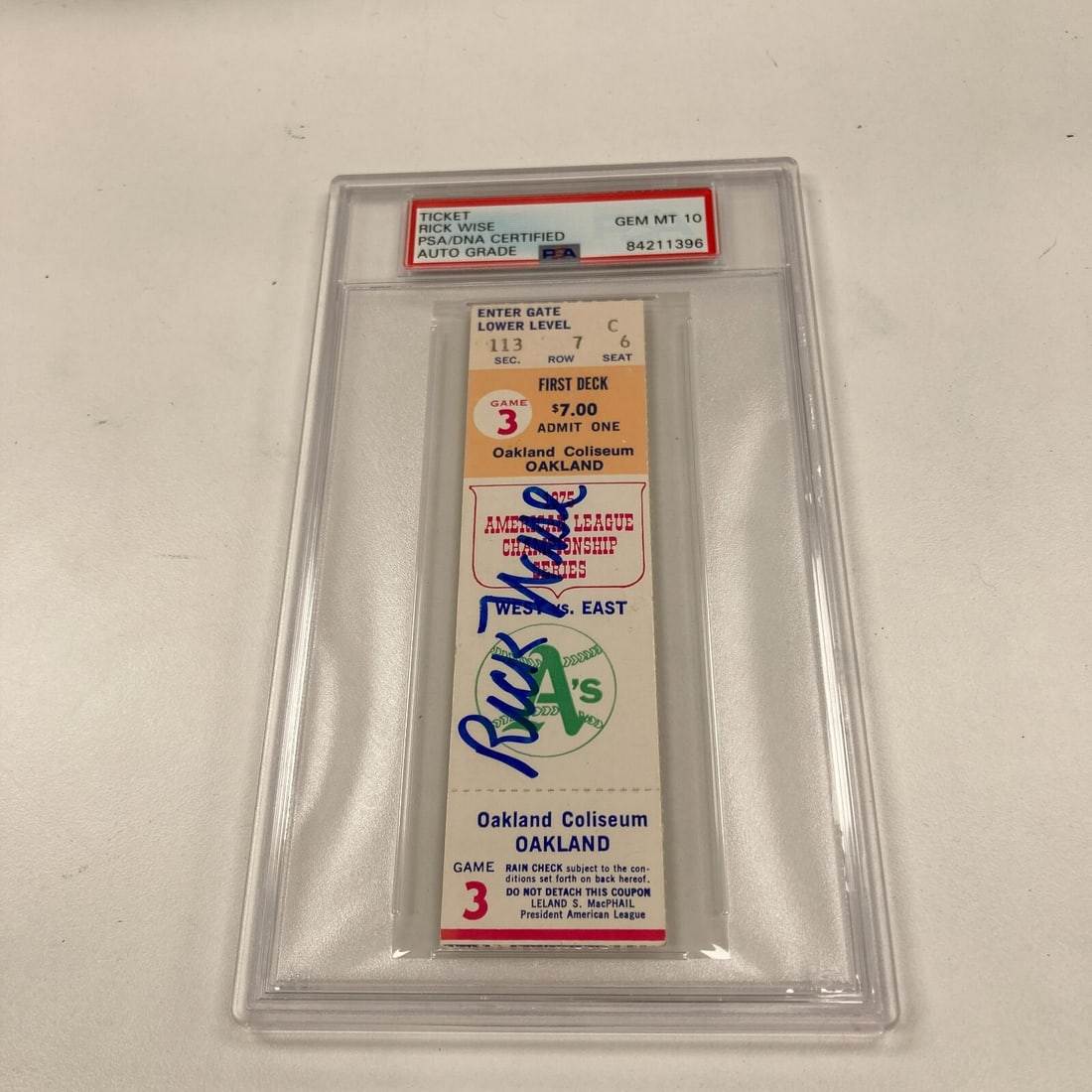 Rick Wise Signed 1975 ALCS Game 3 Ticket PSA DNA GEM MT 10: Rick Wise Signed 1975 ALCS Game 3 Ticket PSA DNA GEM MT 10 This is an original ticket stub from Game 3 of the 1975 American League Championship Series, signed by baseball player Rick Wise in blue mark