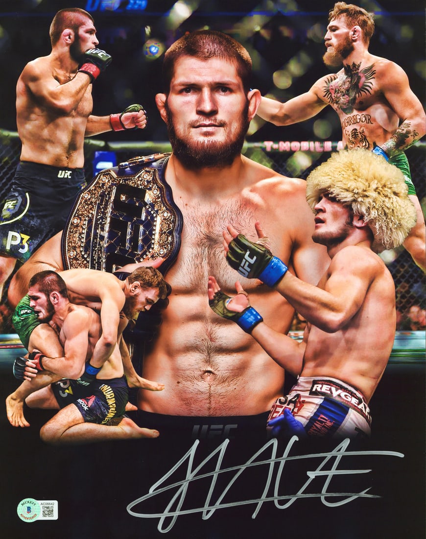 Khabib Nurmagomedov Signed 11x14 Photo Autographed BAS Authentic: Khabib Nurmagomedov Signed 11x14 Photo Autographed BAS Authentic This stunning 11x14 vertical photo captures Khabib Nurmagomedov, the renowned mixed martial artist, in action. Personally signed by Nur