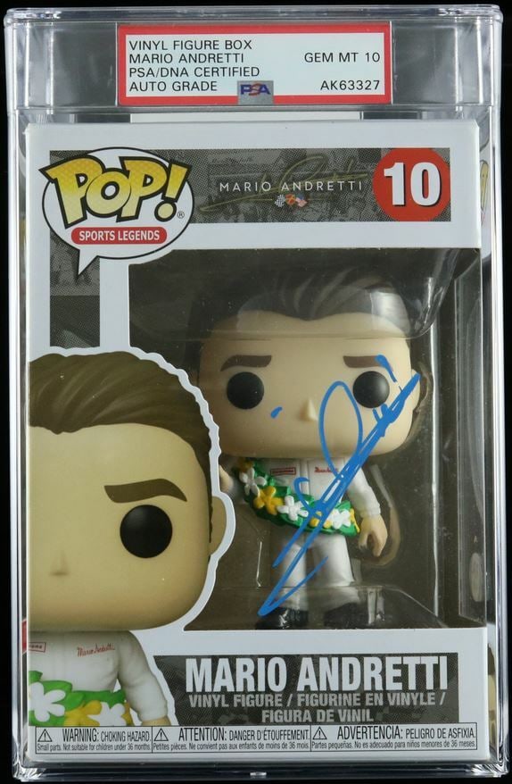 Mario Andretti Signed Funko Pop PSA/DNA Authenticated NASCAR Collectible: Mario Andretti Signed Funko Pop PSA/DNA Authenticated NASCAR Collectible This is an original Funko Pop figure signed by the legendary Mario Andretti, a unique collectible for NASCAR enthusiasts. Mario