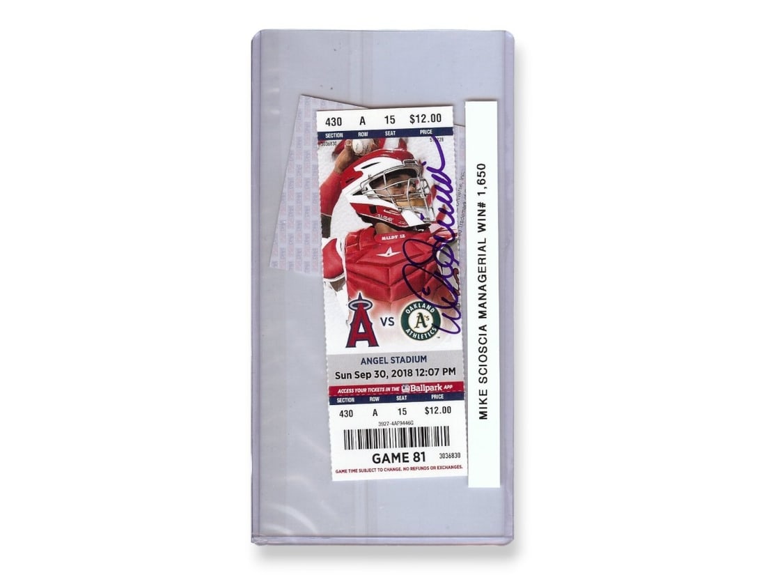 Mike Scioscia Autographed Ticket Stub Angels Manager Win 1650 PSA/DNA: Mike Scioscia Autographed Ticket Stub Angels Manager Win 1650 PSA/DNA This is an authentic Mike Scioscia signed ticket stub from his time as the manager of the Anaheim Angels, marked as win #1650. The