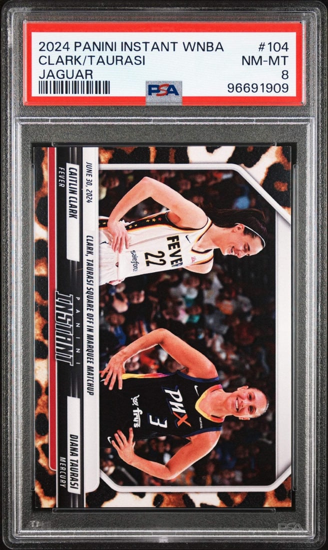 2024 Panini Instant Jaguar /10 Clark Taurasi #104 PSA 8 WNBA Basketball Card: 2024 Panini Instant Jaguar /10 Clark Taurasi #104 PSA 8 WNBA Basketball Card This is an original 2024 Panini Instant Clark/Taurasi #104 Jaguar /10 basketball card featuring Caitlin Clark and Diana Tau
