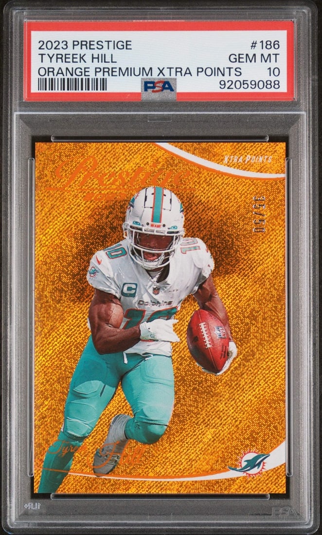 2023 Prestige Tyreek Hill #186 Orange Prem Xtra #/50 PSA 10 Football Card (1 of 2)