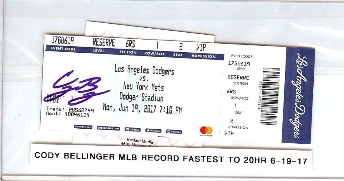 Cody Bellinger Signed Ticket Stub Fastest to 20HR 6/19/17 Beckett Authenticated: Cody Bellinger Signed Ticket Stub Fastest to 20HR 6/19/17 Beckett Authenticated Celebrate the remarkable achievement of Cody Bellinger with this autographed ticket stub, commemorating his record as th