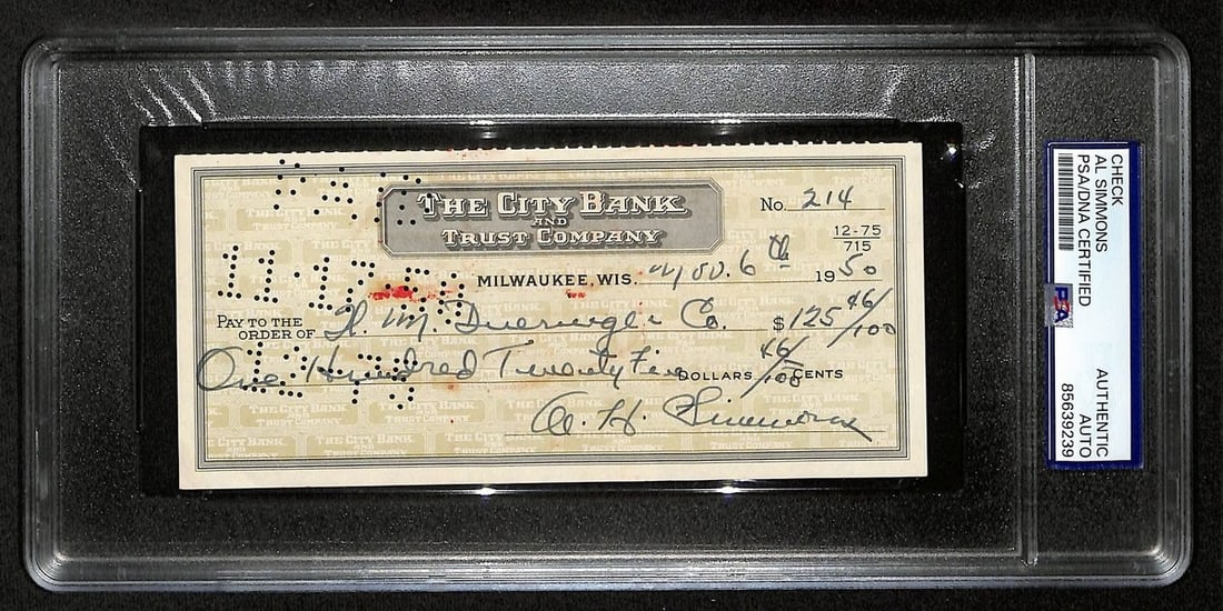 Al Simmons Signed 1950 Bank Check PSA/DNA Authentic (1 of 2)