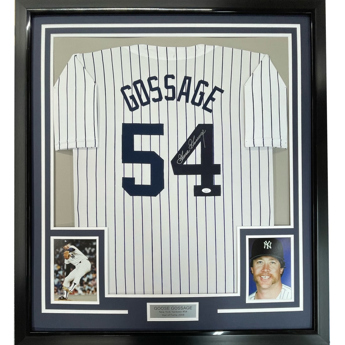 Framed Signed Goose Gossage Yankees Jersey with JSA COA 33x42: Framed Signed Goose Gossage Yankees Jersey with JSA COA 33x42 Celebrate the legendary Goose Gossage with this professionally framed and autographed New York Yankees pinstripe jersey. The item features