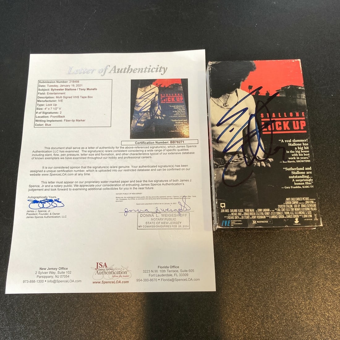 Sylvester Stallone Tony Munafo Signed Lockup VHS with JSA COA: Sylvester Stallone Tony Munafo Signed Lockup VHS with JSA COA This vintage Lockup VHS movie features autographs from Sylvester Stallone and Tony Munafo, his bodyguard, making it a unique collectible f